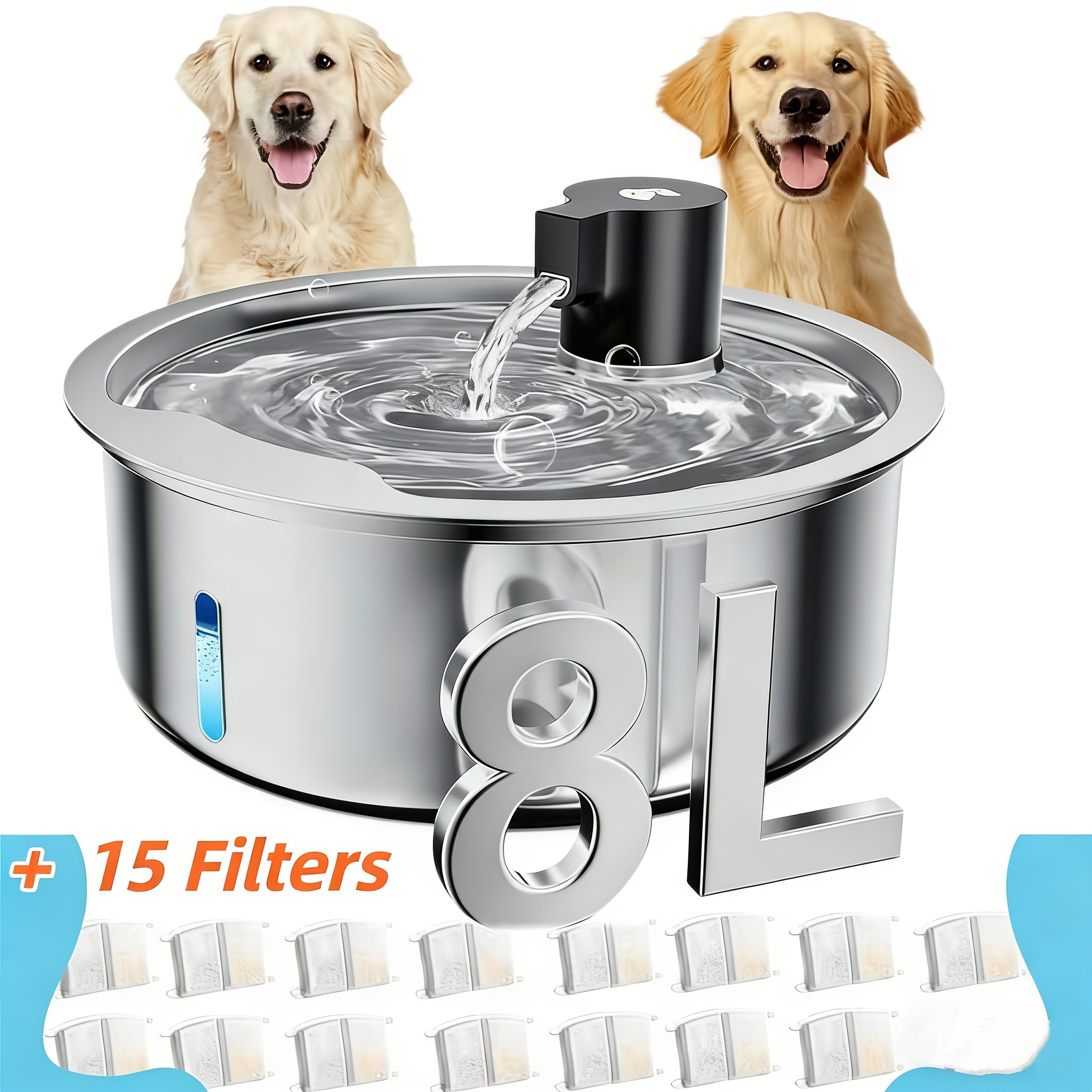 8L\u002F272Oz Stainless Steel Pet Water Dispenser | Includes Replacement Filters| Safe Design | Large Capacity | Suitable for Cats & Dogs | Indoor\u002FOutdoor Use, Without Battery