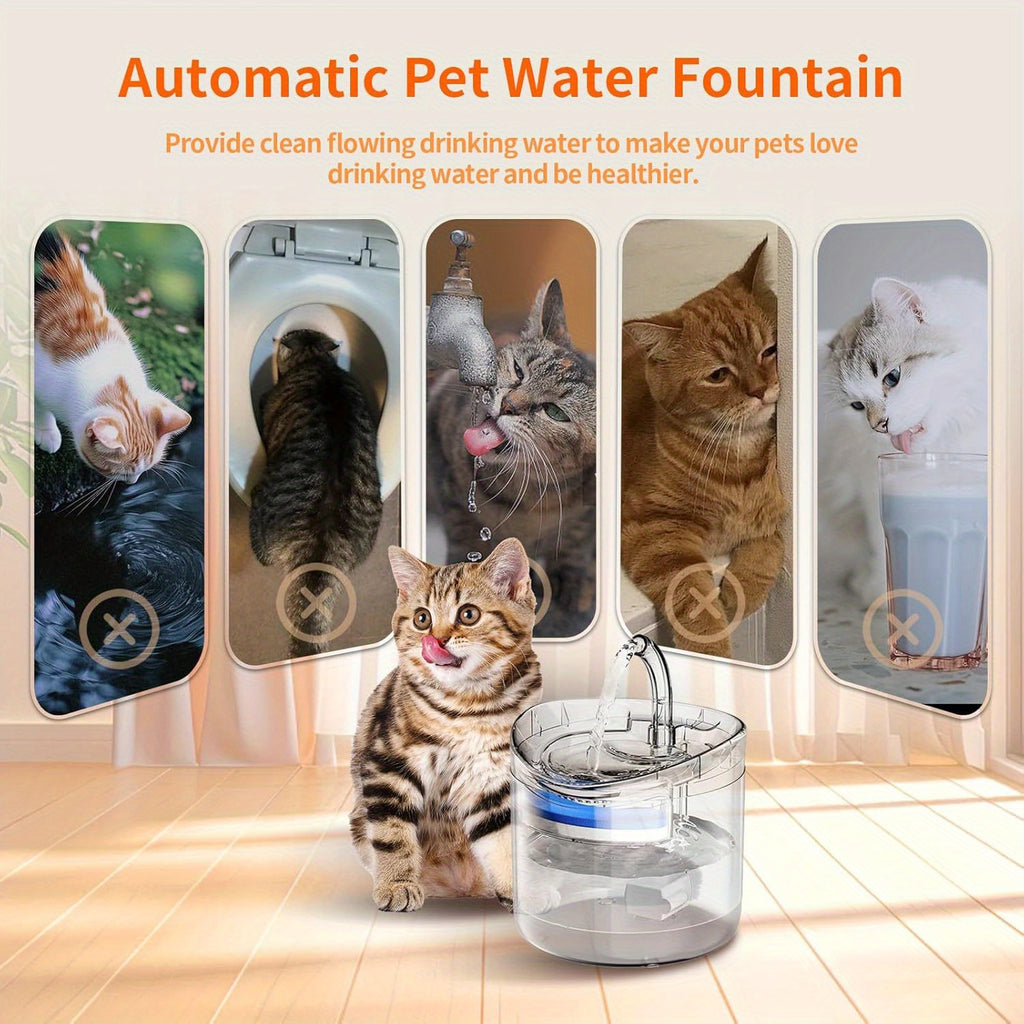 A 60.87oz Large-capacity Fountain Pet Water Dispenser Suitable for All Four Seasons, Designed for Cats, Dogs, and Other Pets. USB-powered, Battery-free, with a Cat-shaped Spout. Features Silent Operation, Safe and Reliable Performance, and Automatic