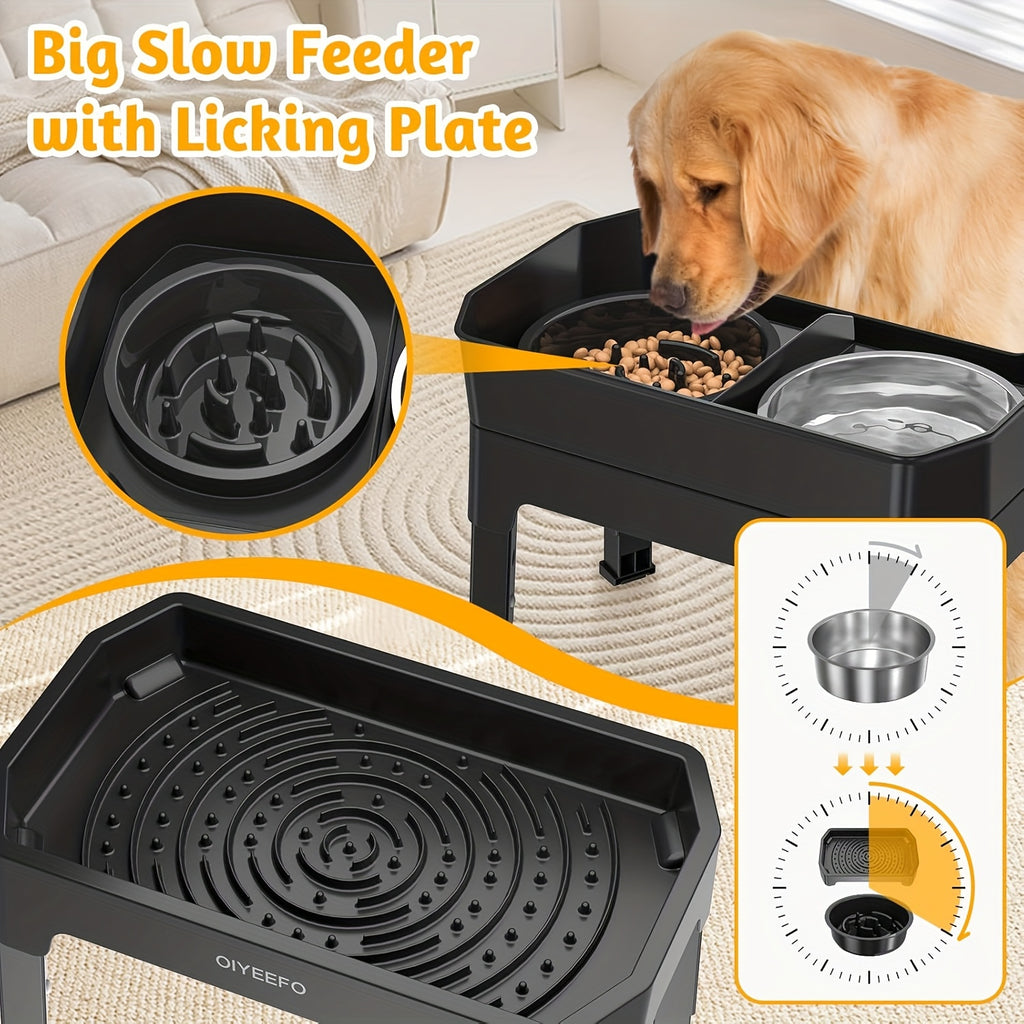 3\u002F4 In 1 Large Elevated Dog Bowls: 4 Adjustable Height Raised Dog Bowl Stand With Mess Proof Design - Slow Feeder Licking Plate With 2*53oz Food Bowls