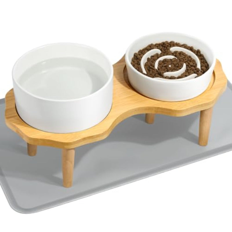 4-In-1 Ceramic Elevated Slow Feeder Dog Bowl Set 6.3Inch Dog Water Bowl And 5.9Inch Slow Dish with Wooden Stand Sof Mat for Small And Medium Dog Anti-Gulping White