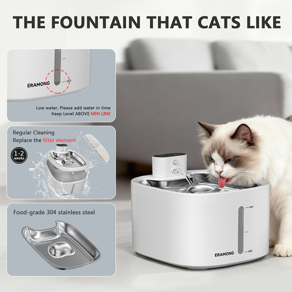 Silent Pet Water Fountain, 118oz\u002F3.5L Large Capacity for cat Water Dispenser, 304 Food Grade Stainless Steel, Visible Water Level, Three Water Flow Modes, 3 Color Options, Circulating Filtration, 4000mAh Battery & USB Dual Power Supply