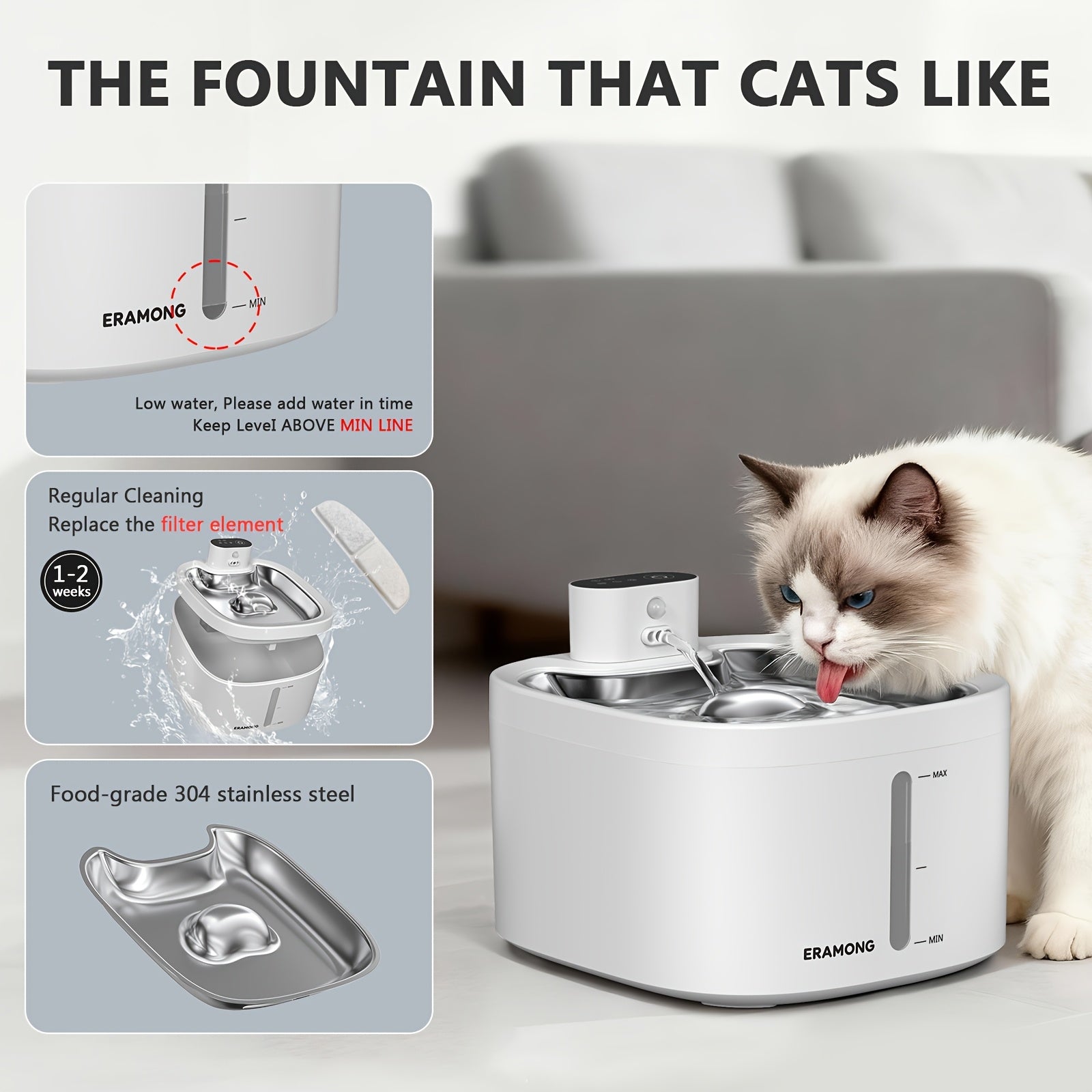 Silent Pet Water Fountain, 118oz\u002F3.5L Large Capacity for cat Water Dispenser, 304 Food Grade Stainless Steel, Visible Water Level, Three Water Flow Modes, 3 Color Options, Circulating Filtration, 4000mAh Battery & USB Dual Power Supply