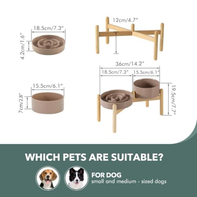 Ceramic 1.2 Cup Raised Slow Feeder Dog Bowl Set Elevated 6.1Inch Bowl And 7.3Inch Puzzle Slow Food Dish with Wooden Stand for Medium And Small Dog Anti-Gulping 2 X Brown Coffee+ Stand