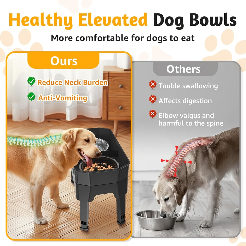 3\u002F4 In 1 Large Elevated Dog Bowls: 4 Adjustable Height Raised Dog Bowl Stand With Mess Proof Design - Slow Feeder Licking Plate With 2*53oz Food Bowls