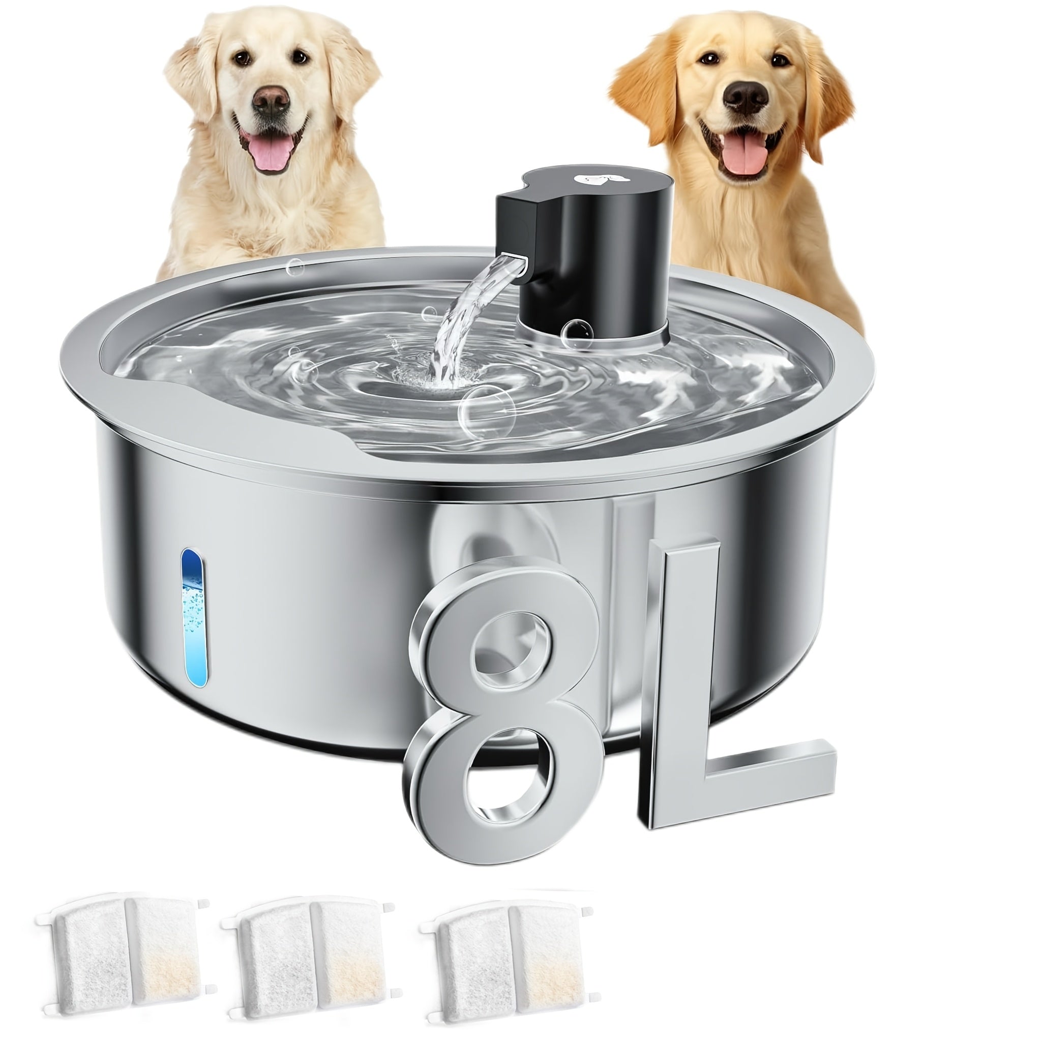 8L\u002F272Oz Stainless Steel Pet Water Dispenser | Includes Replacement Filters| Safe Design | Large Capacity | Suitable for Cats & Dogs | Indoor\u002FOutdoor Use, Without Battery