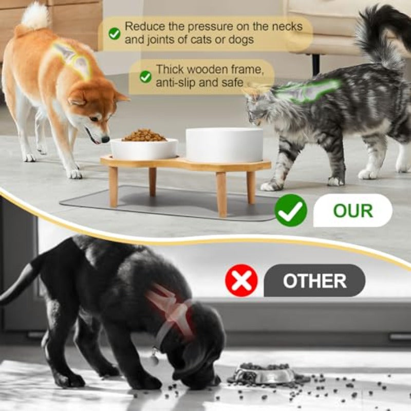 4-In-1 Ceramic Elevated Slow Feeder Dog Bowl Set 6.3Inch Dog Water Bowl And 5.9Inch Slow Dish with Wooden Stand Sof Mat for Small And Medium Dog Anti-Gulping White