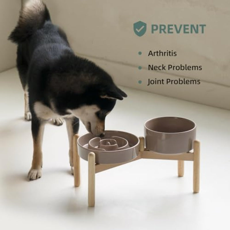 Ceramic 1.2 Cup Raised Slow Feeder Dog Bowl Set Elevated 6.1Inch Bowl And 7.3Inch Puzzle Slow Food Dish with Wooden Stand for Medium And Small Dog Anti-Gulping 2 X Brown Coffee+ Stand