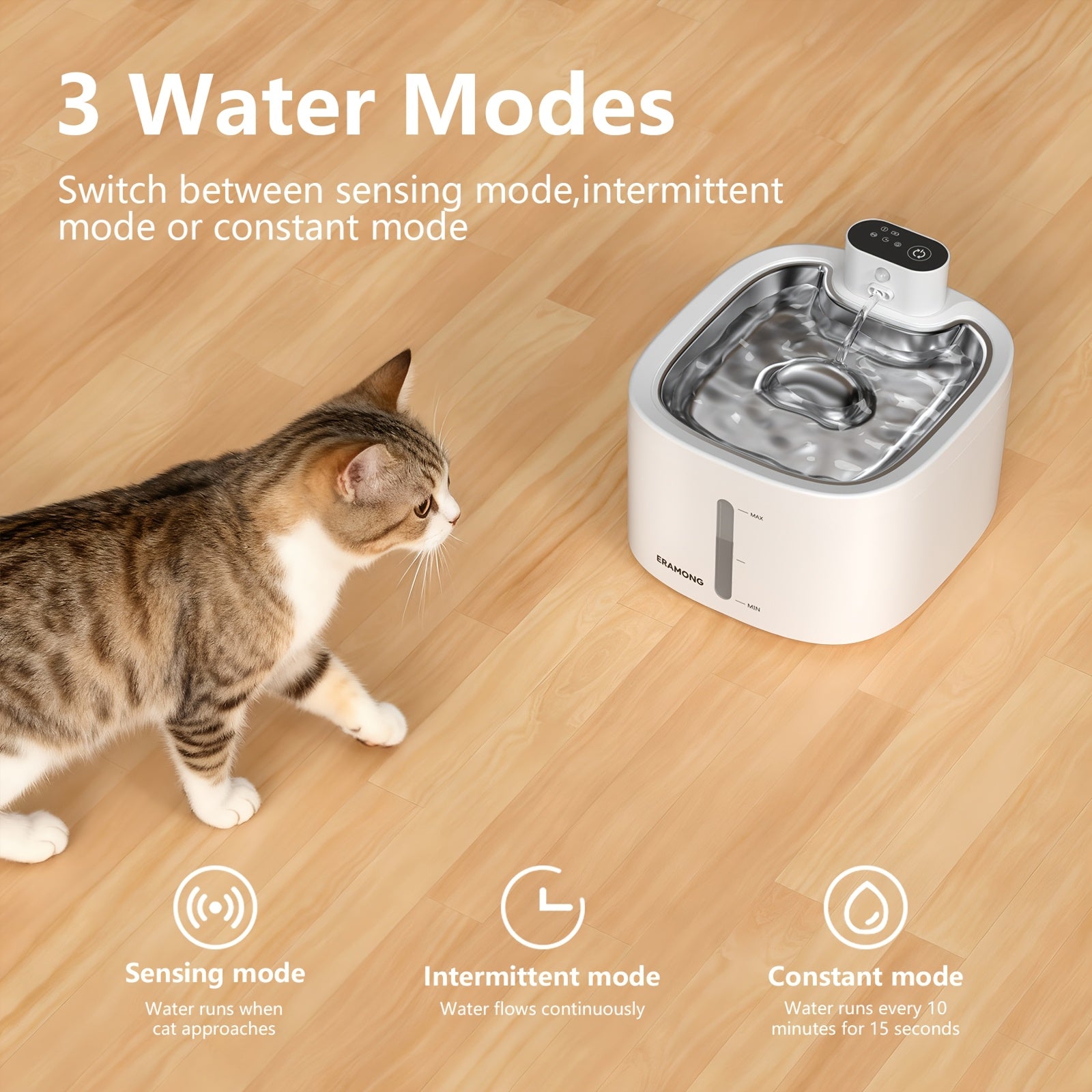 Silent Pet Water Fountain, 118oz\u002F3.5L Large Capacity for cat Water Dispenser, 304 Food Grade Stainless Steel, Visible Water Level, Three Water Flow Modes, 3 Color Options, Circulating Filtration, 4000mAh Battery & USB Dual Power Supply