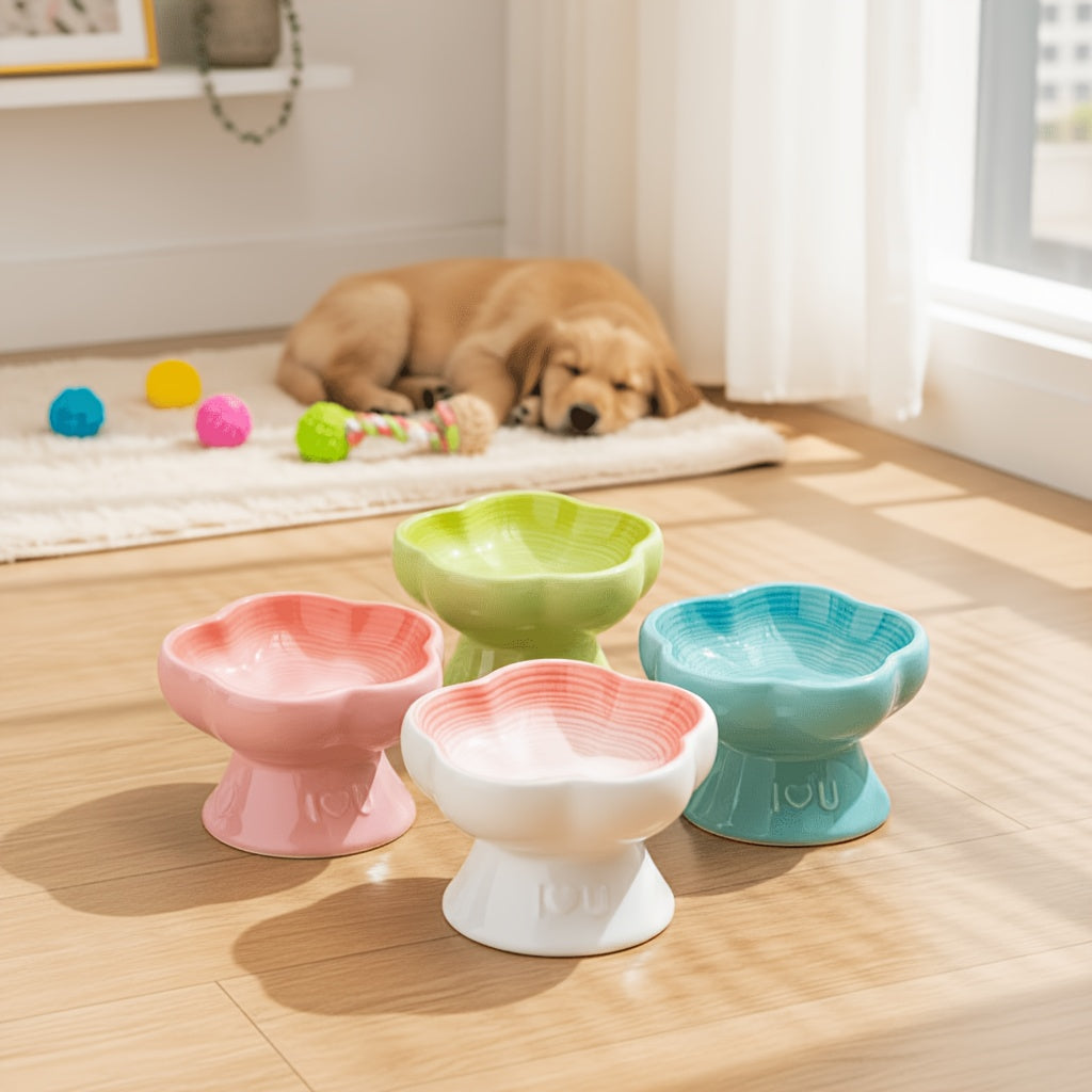 Eating Easily Ceramic Raised Pet Food & Water Bowls with Heart-Shaped Rim - Anti-Splash, Spine-Friendly Design for Cats & Small Dogs, Easy Swallowing, Durable & Stylish for Indoor Use, Pet Food Bowl, Indoor Petware, Modern Petware, Smooth Surface
