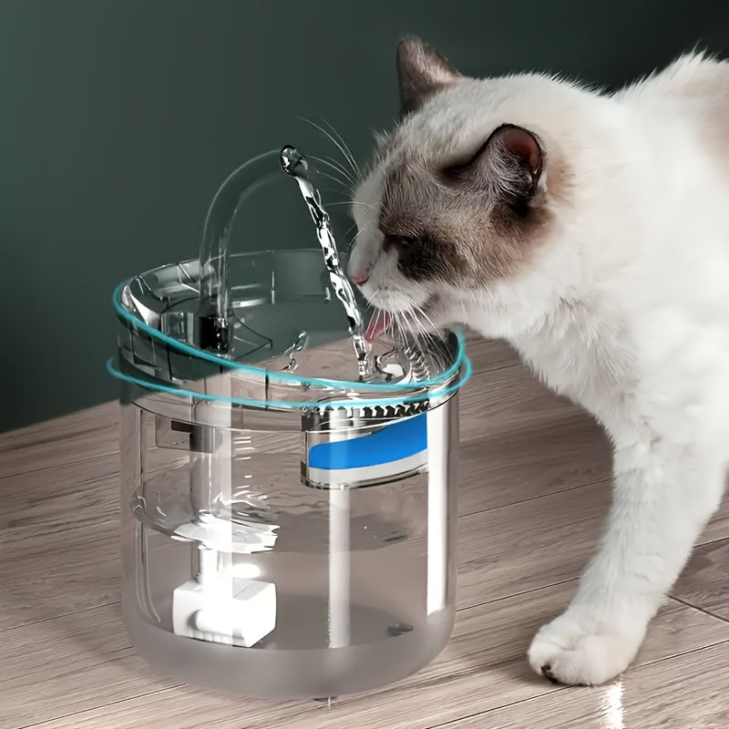 A 60.87oz Large-capacity Fountain Pet Water Dispenser Suitable for All Four Seasons, Designed for Cats, Dogs, and Other Pets. USB-powered, Battery-free, with a Cat-shaped Spout. Features Silent Operation, Safe and Reliable Performance, and Automatic