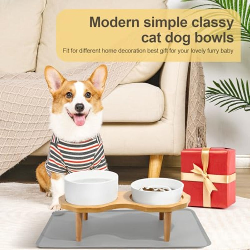 4-In-1 Ceramic Elevated Slow Feeder Dog Bowl Set 6.3Inch Dog Water Bowl And 5.9Inch Slow Dish with Wooden Stand Sof Mat for Small And Medium Dog Anti-Gulping White