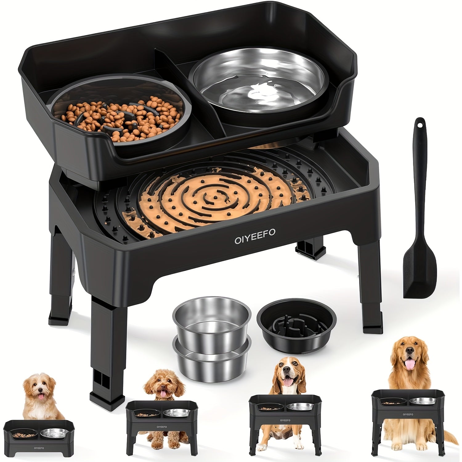 3\u002F4 In 1 Large Elevated Dog Bowls: 4 Adjustable Height Raised Dog Bowl Stand With Mess Proof Design - Slow Feeder Licking Plate With 2*53oz Food Bowls