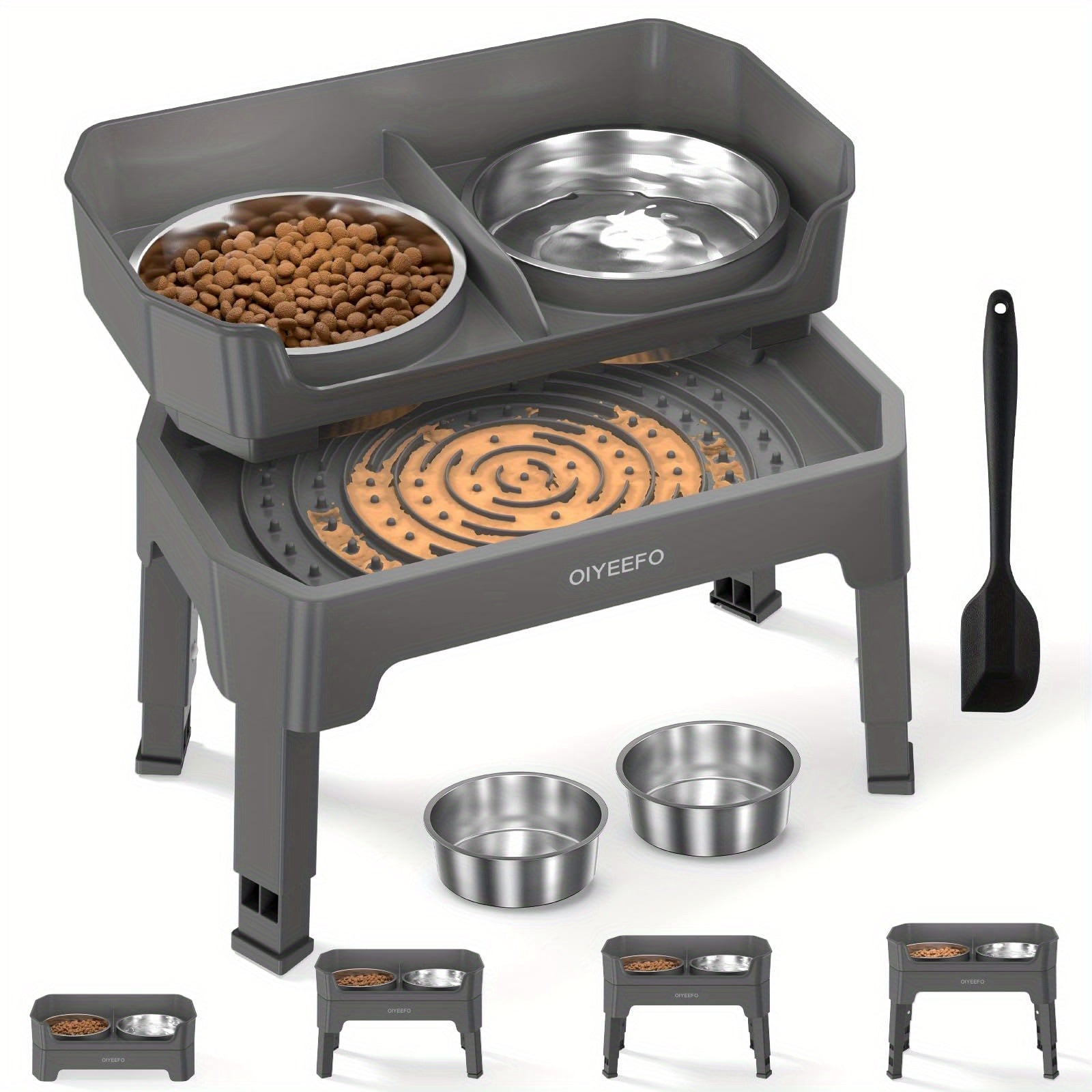 3\u002F4 In 1 Large Elevated Dog Bowls: 4 Adjustable Height Raised Dog Bowl Stand With Mess Proof Design - Slow Feeder Licking Plate With 2*53oz Food Bowls