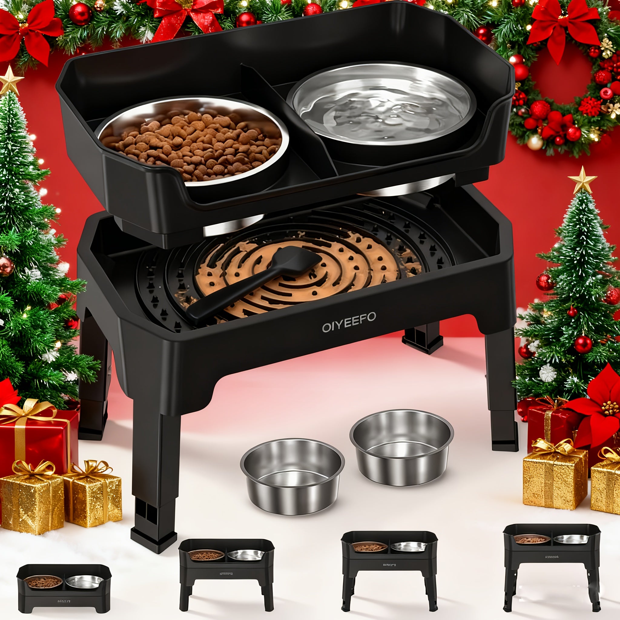 3\u002F4 In 1 Large Elevated Dog Bowls: 4 Adjustable Height Raised Dog Bowl Stand With Mess Proof Design - Slow Feeder Licking Plate With 2*53oz Food Bowls