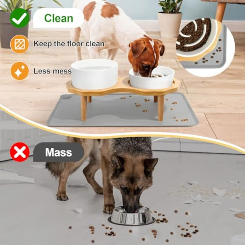 4-In-1 Ceramic Elevated Slow Feeder Dog Bowl Set 6.3Inch Dog Water Bowl And 5.9Inch Slow Dish with Wooden Stand Sof Mat for Small And Medium Dog Anti-Gulping White