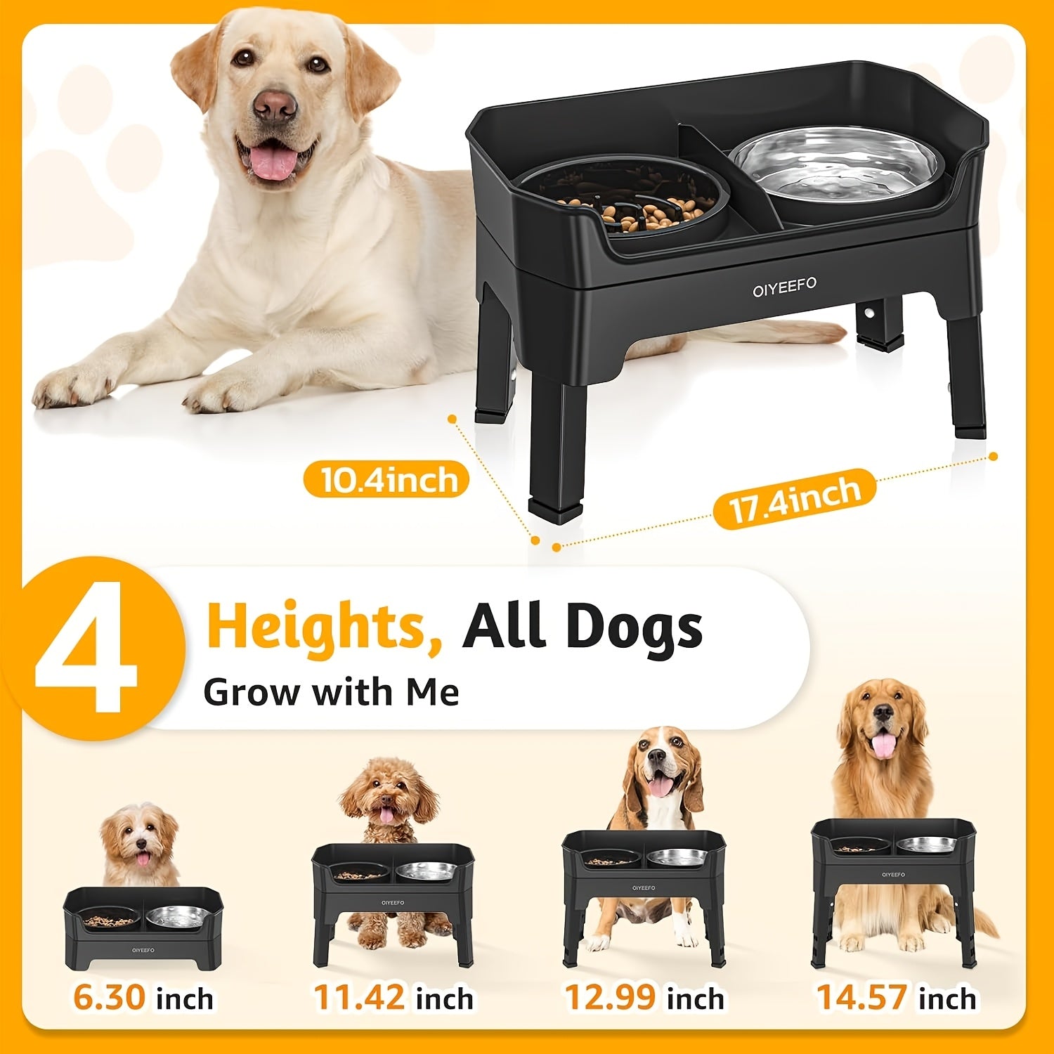 3\u002F4 In 1 Large Elevated Dog Bowls: 4 Adjustable Height Raised Dog Bowl Stand With Mess Proof Design - Slow Feeder Licking Plate With 2*53oz Food Bowls