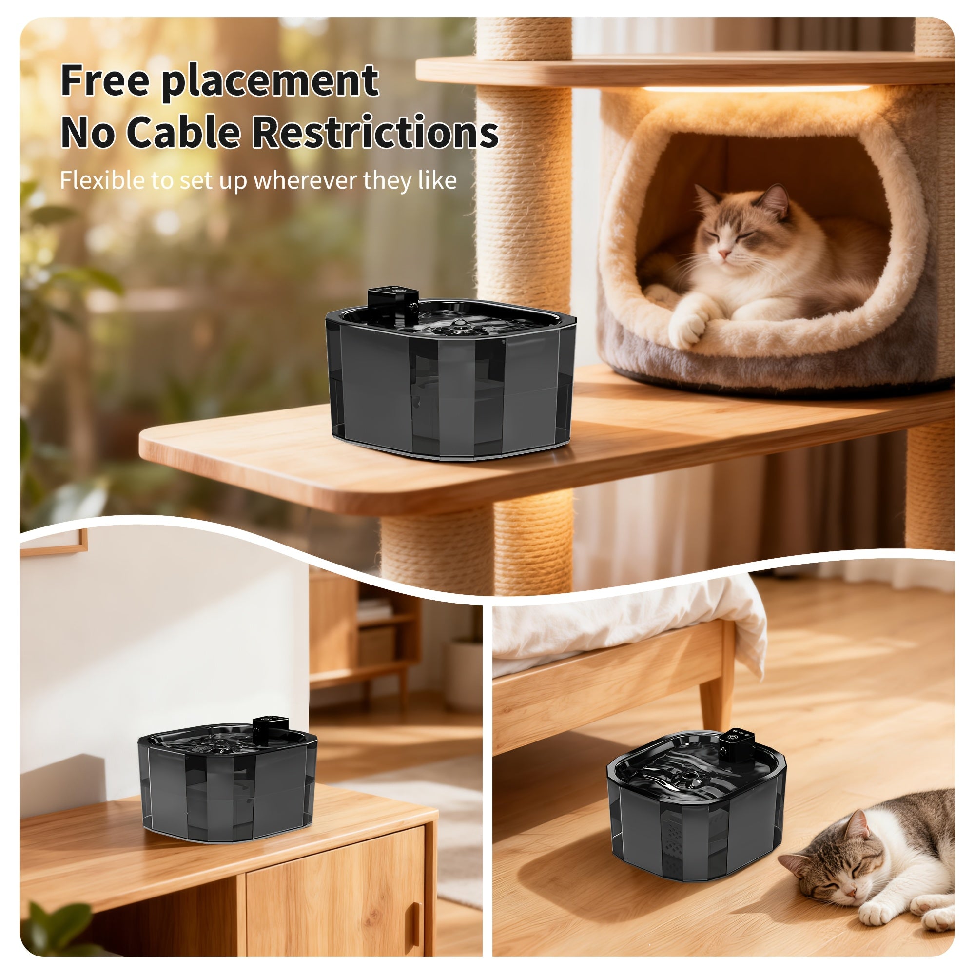 50.72oz Cordless Pet Water Fountain with Waterfall Stream, USB Rechargeable, Motion Sensor & Continuous Circulation Modes, Ultra-Quiet Pump, 6 Replaceable Filters, Automatic Circulating Water Dispenser for Cats And Dogs