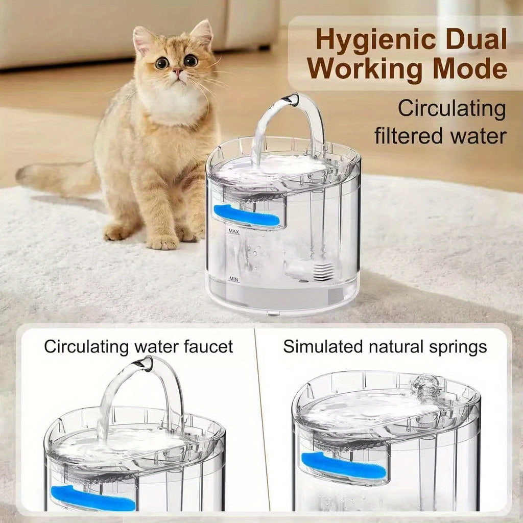 A 60.87oz Large-capacity Fountain Pet Water Dispenser Suitable for All Four Seasons, Designed for Cats, Dogs, and Other Pets. USB-powered, Battery-free, with a Cat-shaped Spout. Features Silent Operation, Safe and Reliable Performance, and Automatic