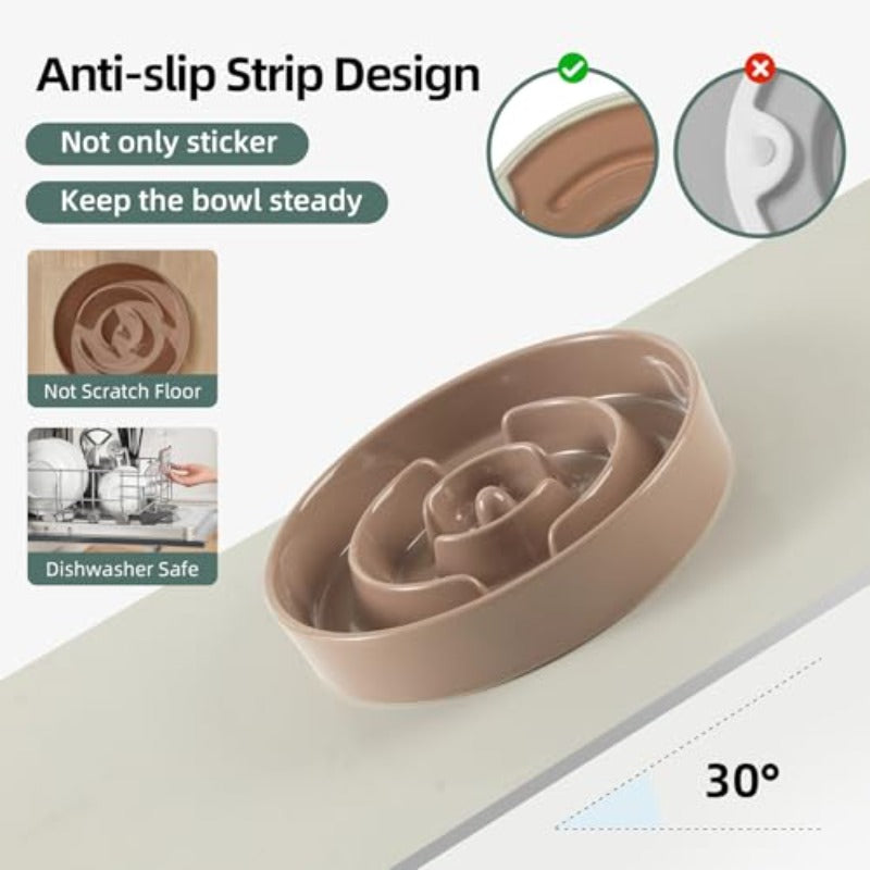 Ceramic 1.2 Cup Raised Slow Feeder Dog Bowl Set Elevated 6.1Inch Bowl And 7.3Inch Puzzle Slow Food Dish with Wooden Stand for Medium And Small Dog Anti-Gulping 2 X Brown Coffee+ Stand