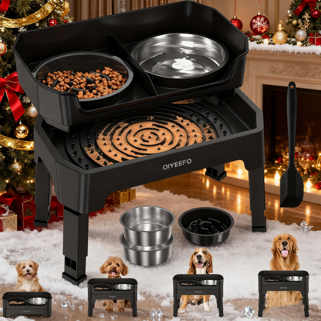 3\u002F4 In 1 Large Elevated Dog Bowls: 4 Adjustable Height Raised Dog Bowl Stand With Mess Proof Design - Slow Feeder Licking Plate With 2*53oz Food Bowls