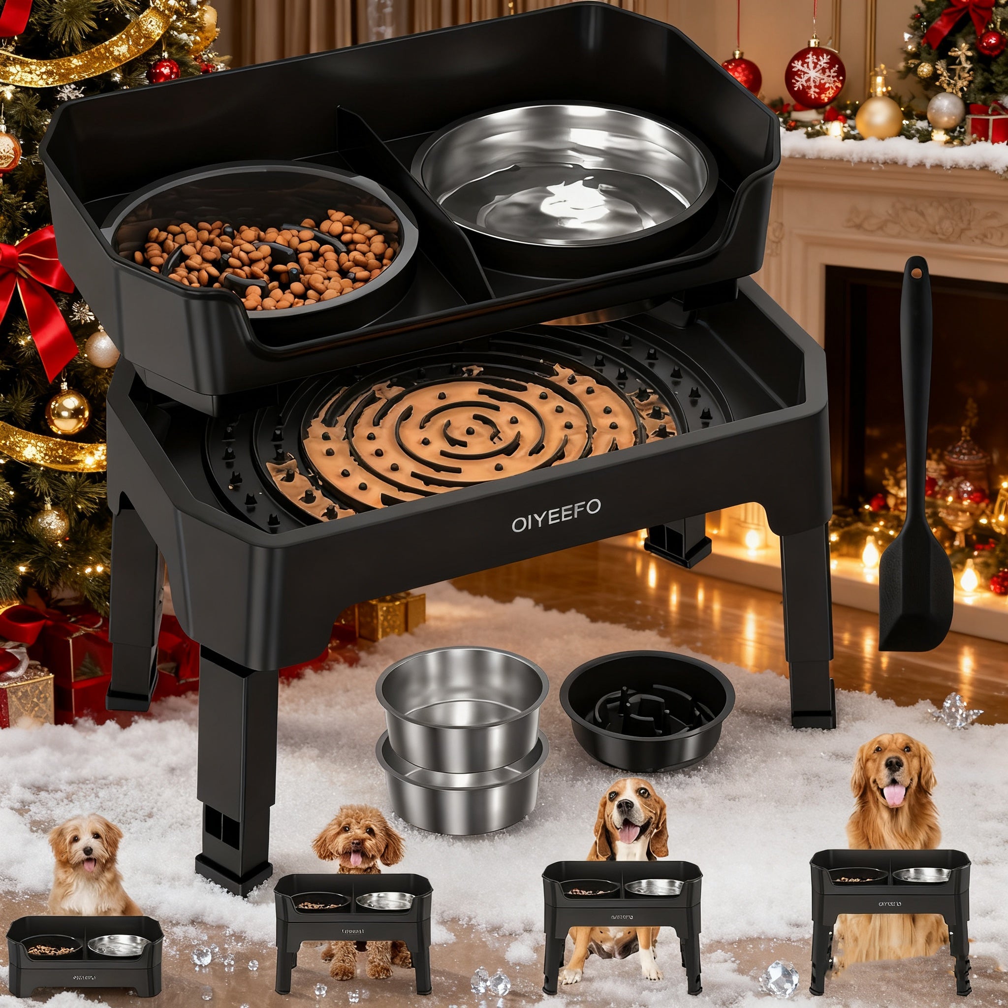 3\u002F4 In 1 Large Elevated Dog Bowls: 4 Adjustable Height Raised Dog Bowl Stand With Mess Proof Design - Slow Feeder Licking Plate With 2*53oz Food Bowls