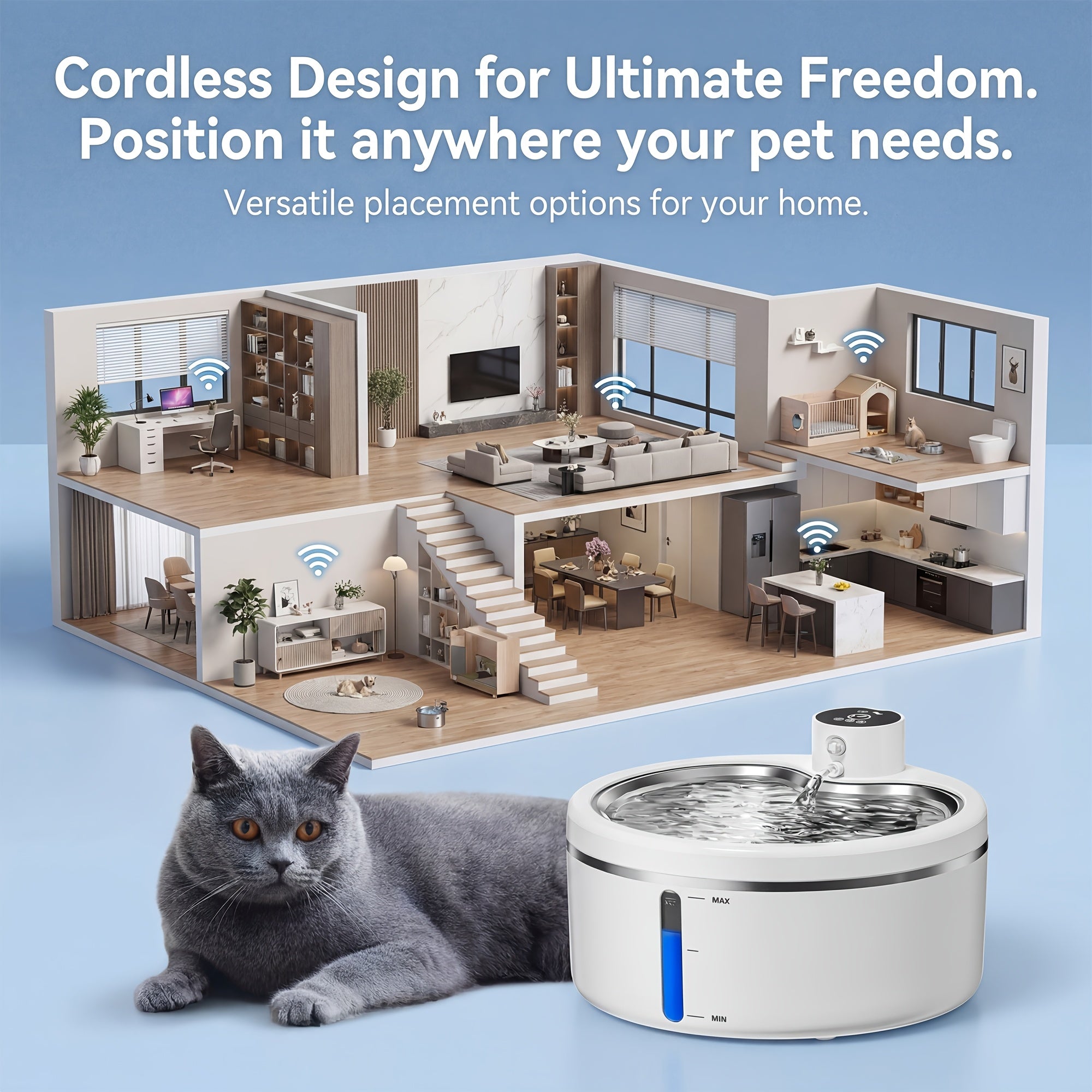 Smart Pet Water Dispenser, Cat Fountain, Cat Water Dispenser, Wireless Design, 2.5L\u002F88oz Capacity - More Than Enough to Meet Your Cat's Daily Water Needs. Features Dual Power Modes and Three Water Flow Settings; the Sensor Mode Encourages Your Cat