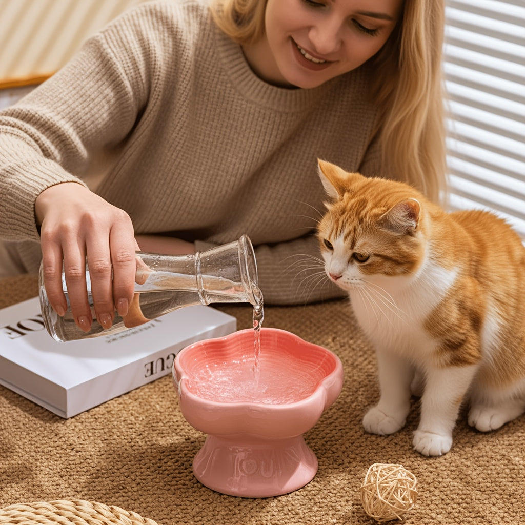 Eating Easily Ceramic Raised Pet Food & Water Bowls with Heart-Shaped Rim - Anti-Splash, Spine-Friendly Design for Cats & Small Dogs, Easy Swallowing, Durable & Stylish for Indoor Use, Pet Food Bowl, Indoor Petware, Modern Petware, Smooth Surface