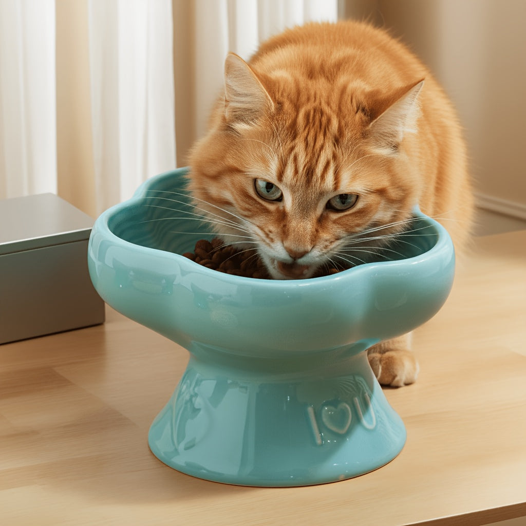 Eating Easily Ceramic Raised Pet Food & Water Bowls with Heart-Shaped Rim - Anti-Splash, Spine-Friendly Design for Cats & Small Dogs, Easy Swallowing, Durable & Stylish for Indoor Use, Pet Food Bowl, Indoor Petware, Modern Petware, Smooth Surface