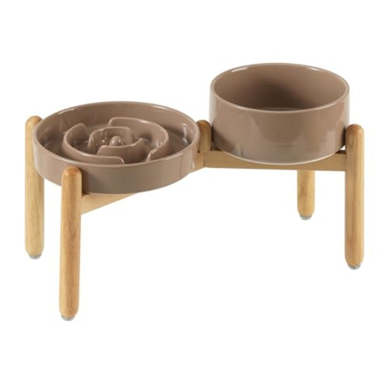 Ceramic 1.2 Cup Raised Slow Feeder Dog Bowl Set Elevated 6.1Inch Bowl And 7.3Inch Puzzle Slow Food Dish with Wooden Stand for Medium And Small Dog Anti-Gulping 2 X Brown Coffee+ Stand