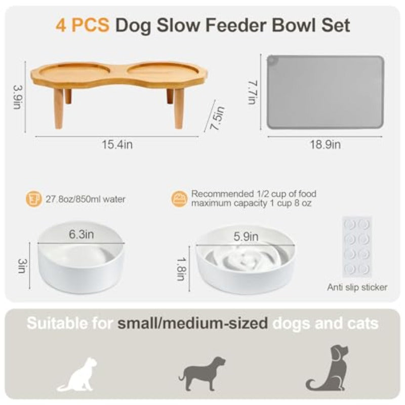 4-In-1 Ceramic Elevated Slow Feeder Dog Bowl Set 6.3Inch Dog Water Bowl And 5.9Inch Slow Dish with Wooden Stand Sof Mat for Small And Medium Dog Anti-Gulping White