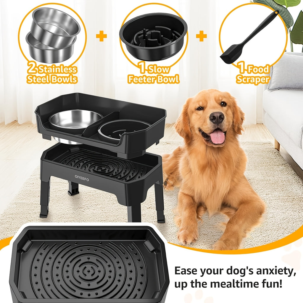 3\u002F4 In 1 Large Elevated Dog Bowls: 4 Adjustable Height Raised Dog Bowl Stand With Mess Proof Design - Slow Feeder Licking Plate With 2*53oz Food Bowls
